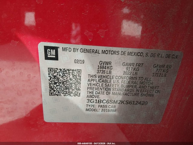 Aukcja sprzedaży 2019 Chevrolet Cruze Ls, vin: 3G1BC6SM2KS612420, numer aukcji: 44849155