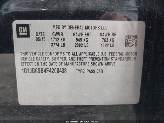 Aukcja sprzedaży 2015 Chevrolet Sonic Rs Auto, vin: 1G1JG6SB4F4200438, numer aukcji: 44849161