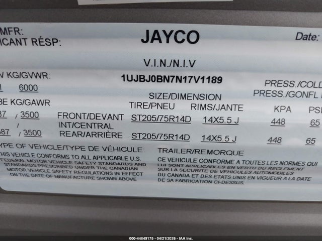 Aukcja sprzedaży 2022 Jayco Jay Flight, vin: 1UJBJ0BN7N17V1189, numer aukcji: 44849175