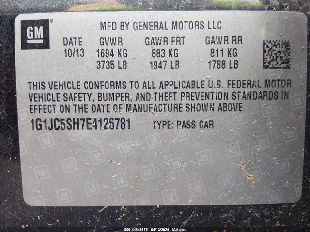 Auction sale of the 2014 Chevrolet Sonic Lt Auto, vin: 1G1JC5SH7E4126781, lot number: 44849179