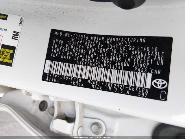 Aukcja sprzedaży 2022 Toyota Corolla Le, vin: 5YFEPMAE6NP344741, numer aukcji: 44849183