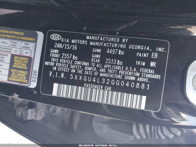 Auction sale of the 2016 Kia Optima Ex, vin: 5XXGU4L32GG040881, lot number: 44849189