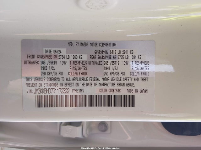 Продаж на аукціоні авто 2024 Mazda Cx-90 3.3 Turbo Preferred, vin: JM3KKBHD7R1172322, номер лоту: 44849197