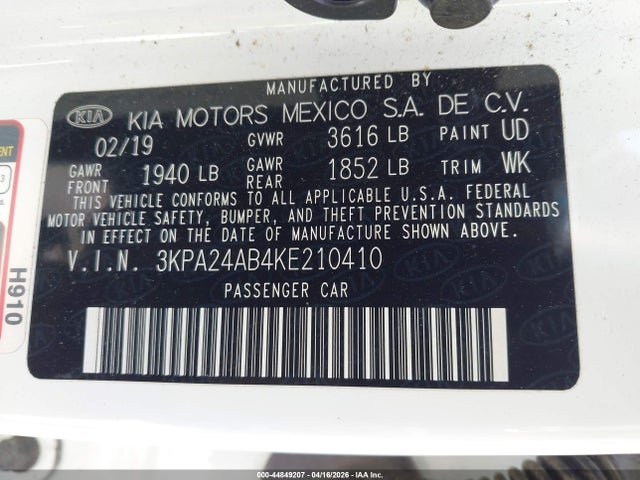 3KPA24AB4KE210410 KIA RIO LX