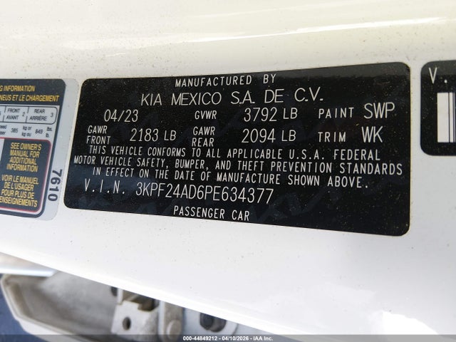 Aukcja sprzedaży 2023 Kia Forte Lxs, vin: 3KPF24AD6PE634377, numer aukcji: 44849212