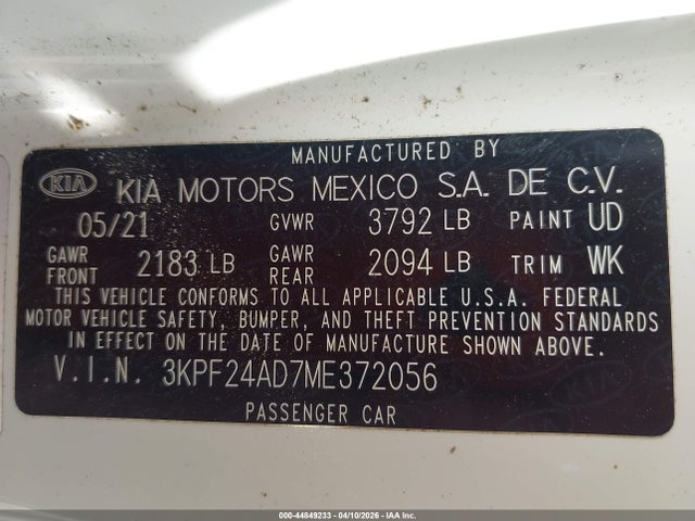 Aukcja sprzedaży 2021 Kia Forte Lxs, vin: 3KPF24AD7ME372056, numer aukcji: 44849233