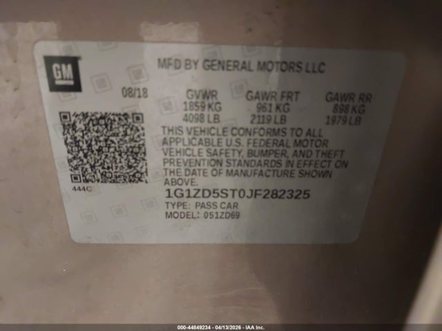 Продажа на аукционе авто 2018 Chevrolet Malibu Lt, vin: 1G1ZD5ST0JF282325, номер лота: 44849234