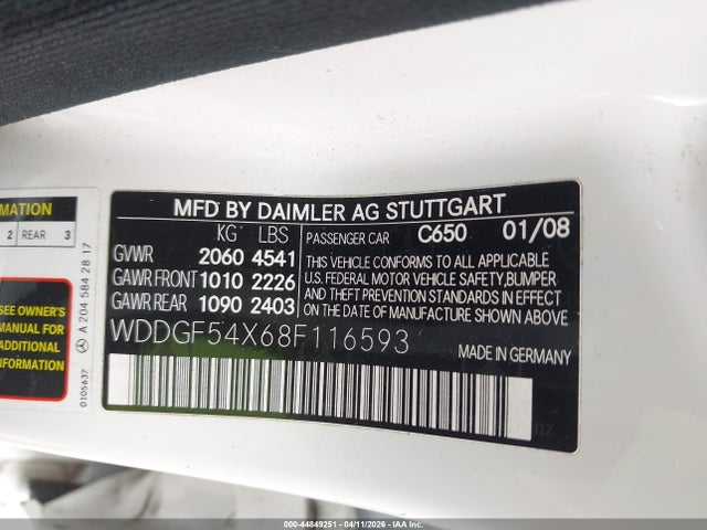 44849251 :رقم المزاد ، WDDGF54X68F116593 vin ، 2008 Mercedes-benz C 300 Luxury/sport مزاد بيع