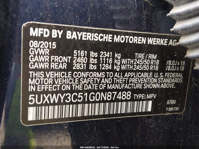 Продаж на аукціоні авто 2016 Bmw X3 Xdrive28d, vin: 5UXWY3C51G0N87488, номер лоту: 44849252