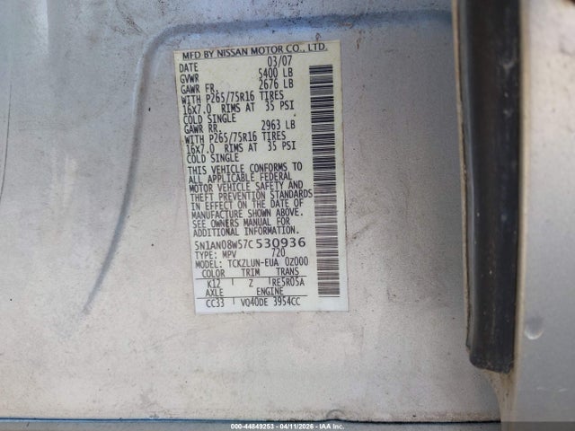 44849253 :رقم المزاد ، 5N1AN08W57C530936 vin ، 2007 Nissan Xterra Off Road مزاد بيع