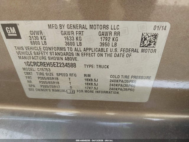 44849255 :رقم المزاد ، 1GCRCREH5EZ234588 vin ، 2014 Chevrolet Silverado 1500 1lt مزاد بيع