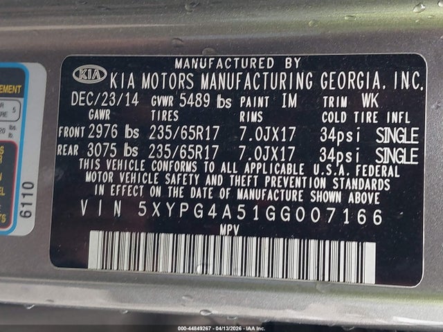 Aukcja sprzedaży 2016 Kia Sorento 3.3l Lx, vin: 5XYPG4A51GG007166, numer aukcji: 44849267