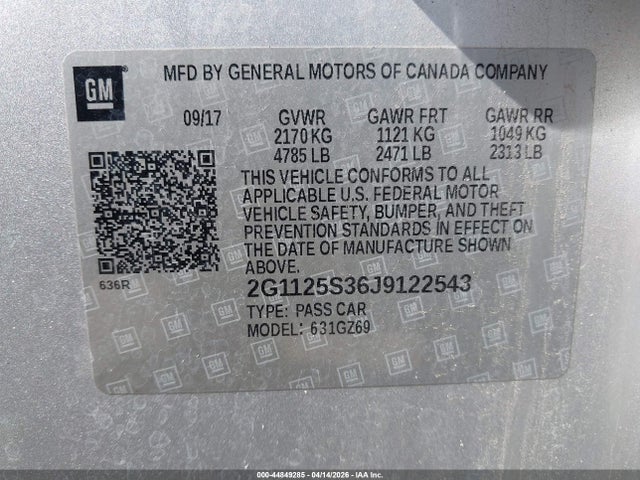 Aukcja sprzedaży 2018 Chevrolet Impala 2lz, vin: 2G1125S36J9122543, numer aukcji: 44849285