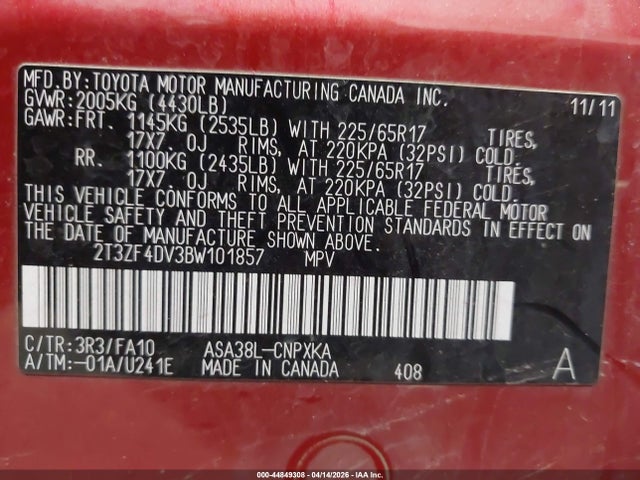 44849308 :رقم المزاد ، 2T3ZF4DV3BW101857 vin ، 2011 Toyota Rav4 مزاد بيع