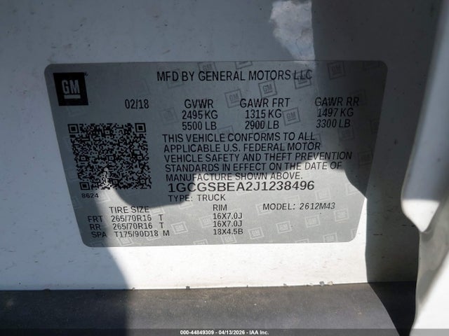 Продаж на аукціоні авто 2018 Chevrolet Colorado Wt, vin: 1GCGSBEA2J1238496, номер лоту: 44849309