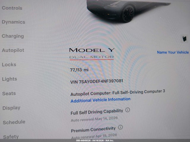 Aukcja sprzedaży 2022 Tesla Model Y Performance Dual Motor All-wheel Drive, vin: 7SAYGDEF4NF397081, numer aukcji: 44849326