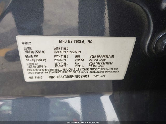 Aukcja sprzedaży 2022 Tesla Model Y Performance Dual Motor All-wheel Drive, vin: 7SAYGDEF4NF397081, numer aukcji: 44849326
