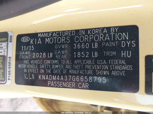 2016 Kia Rio Lx მანქანა იყიდება აუქციონზე, vin: KNADM4A37G6658795, აუქციონის ნომერი: 44849334