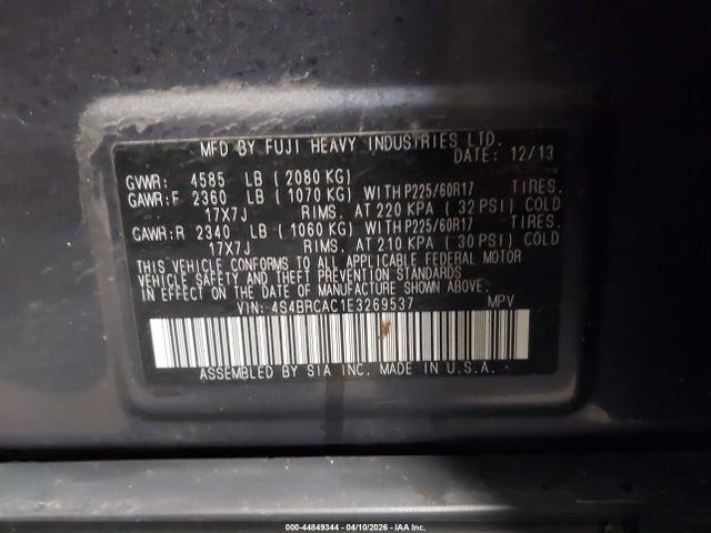 44849344 :رقم المزاد ، 4S4BRCAC1E3269537 vin ، 2014 Subaru Outback 2.5i مزاد بيع
