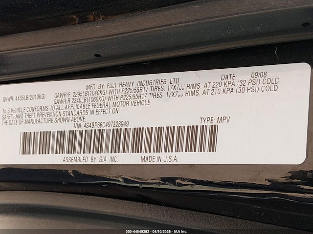 Aukcja sprzedaży 2009 Subaru Outback 2.5i Limited, vin: 4S4BP66C497328949, numer aukcji: 44849352