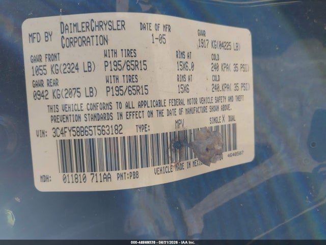 2005 Chrysler Pt Cruiser Touring მანქანა იყიდება აუქციონზე, vin: 3C4FY58B65T563182, აუქციონის ნომერი: 44849370