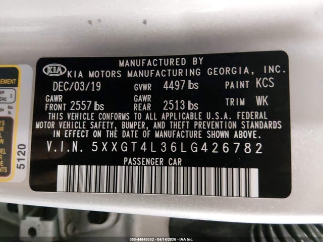 2020 Kia Optima Lx მანქანა იყიდება აუქციონზე, vin: 5XXGT4L36LG426782, აუქციონის ნომერი: 44849382