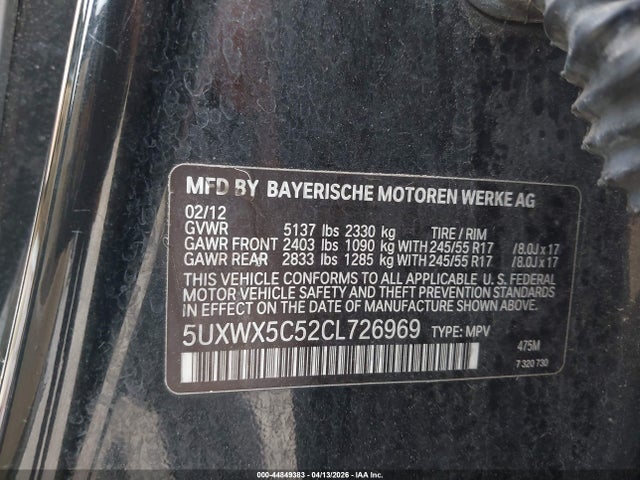 Aukcja sprzedaży 2012 Bmw X3 Xdrive28i, vin: 5UXWX5C52CL726969, numer aukcji: 44849383