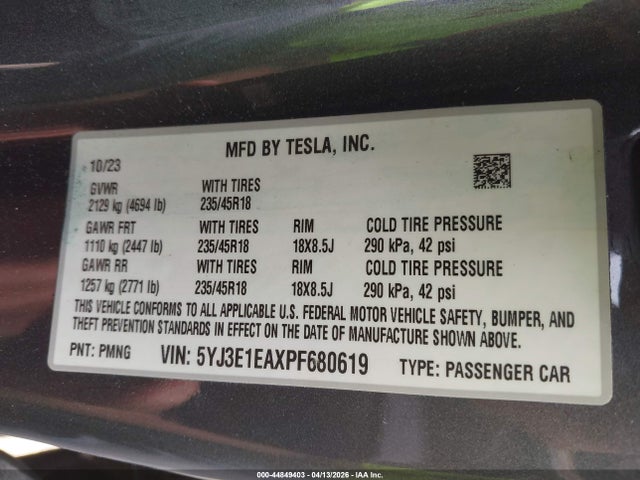 Продажа на аукционе авто 2023 Tesla Model 3 Rear-wheel Drive, vin: 5YJ3E1EAXPF680619, номер лота: 44849403