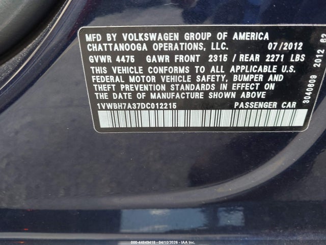 44849418 :رقم المزاد ، 1VWBH7A37DC012215 vin ، 2013 Volkswagen Passat 2.5l Se مزاد بيع