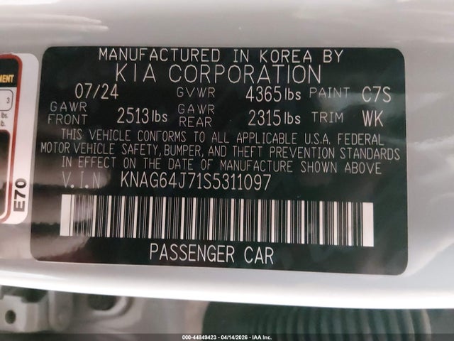 2025 Kia K5 Gt-line მანქანა იყიდება აუქციონზე, vin: KNAG64J71S5311097, აუქციონის ნომერი: 44849423