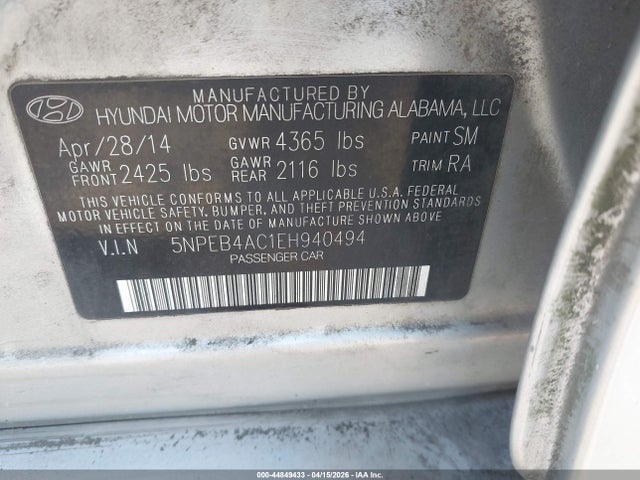 Aukcja sprzedaży 2014 Hyundai Sonata Gls, vin: 5NPEB4AC1EH940494, numer aukcji: 44849433