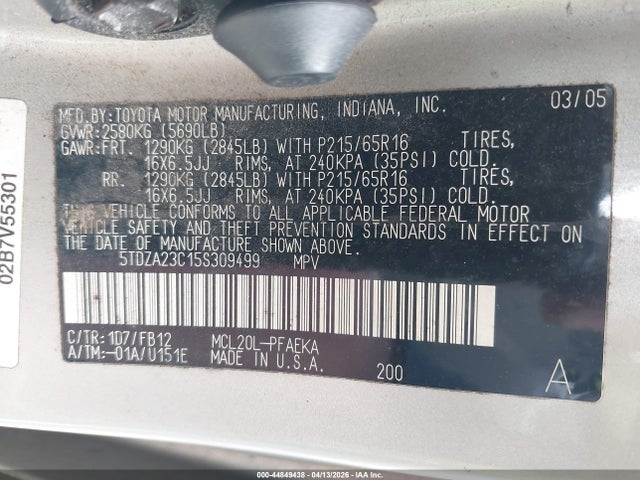 Продажа на аукционе авто 2005 Toyota Sienna Le, vin: 5TDZA23C15S309499, номер лота: 44849438