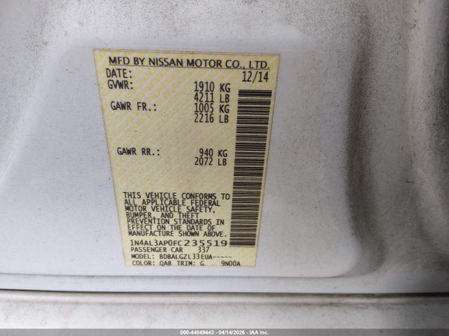1N4AL3AP0FC235519 Nissan Altima 2.5/2.5 S/2.5 Sl/2.5 Sv