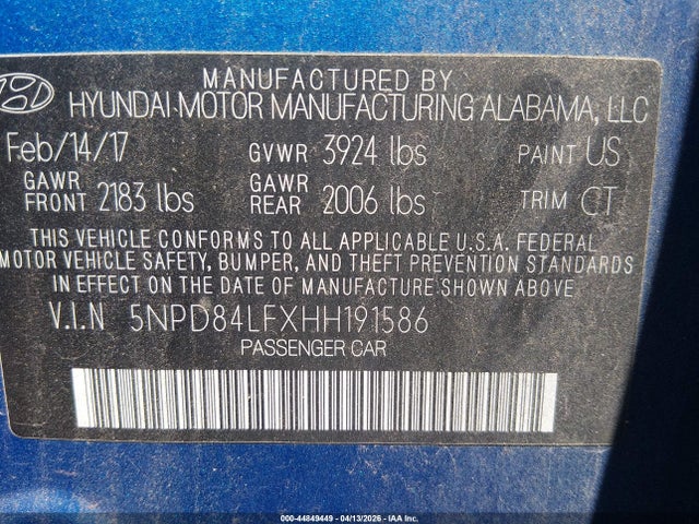 5NPD84LFXHH191586 Hyundai Elantra Value Edition