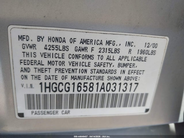 Aukcja sprzedaży 2001 Honda Accord 3.0 Ex, vin: 1HGCG16581A031317, numer aukcji: 44849457