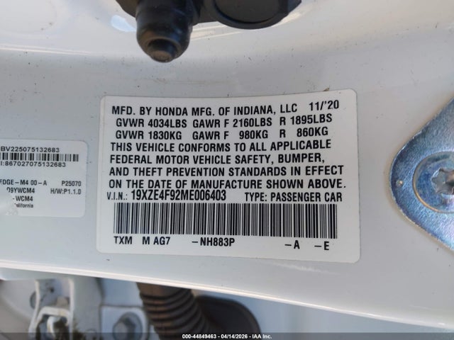 Aukcja sprzedaży 2021 Honda Insight Touring, vin: 19XZE4F92ME006403, numer aukcji: 44849463