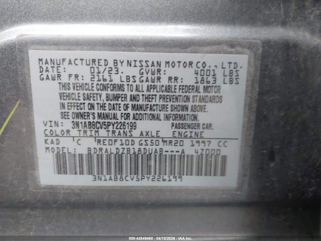 Aukcja sprzedaży 2023 Nissan Sentra Sv Xtronic Cvt, vin: 3N1AB8CV5PY226199, numer aukcji: 44849468