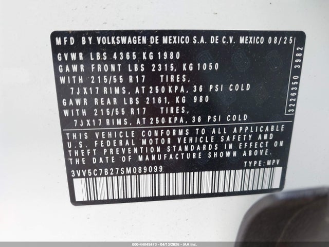 2025 Volkswagen Taos 1.5t S მანქანა იყიდება აუქციონზე, vin: 3VV5C7B27SM089099, აუქციონის ნომერი: 44849470