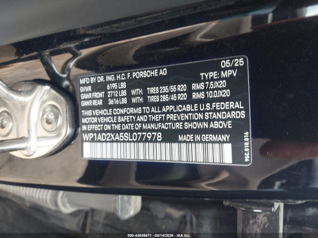 2025 Porsche Macan Electric მანქანა იყიდება აუქციონზე, vin: WP1AD2XA5SL077978, აუქციონის ნომერი: 44849471