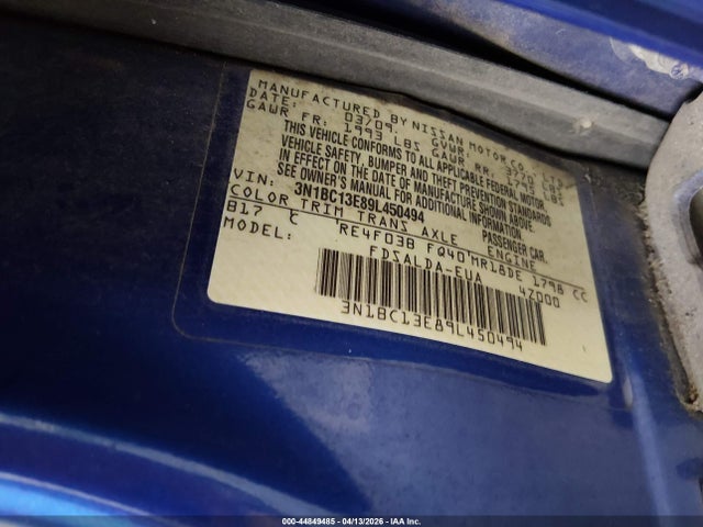 Aukcja sprzedaży 2009 Nissan Versa 1.8s, vin: 3N1BC13E89L450494, numer aukcji: 44849485