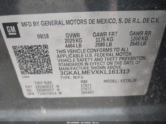 44849489 :رقم المزاد ، 3GKALMEVXKL161313 vin ، 2019 Gmc Terrain Sle مزاد بيع