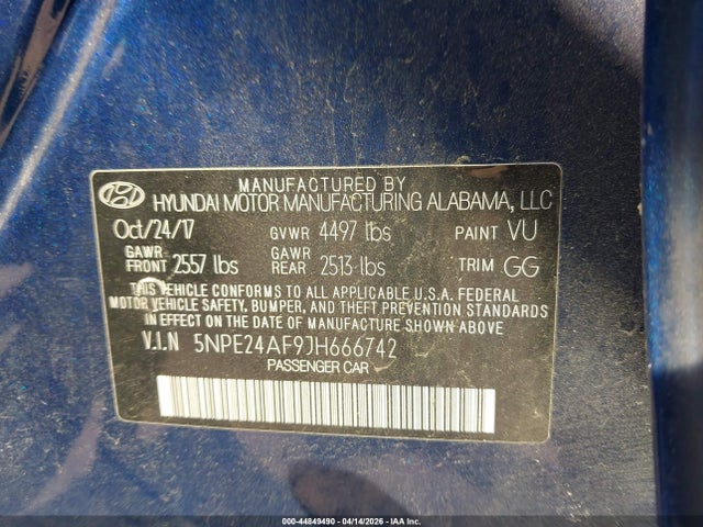 Auction sale of the 2018 Hyundai Sonata Se, vin: 5NPE24AF9JH666742, lot number: 44849490