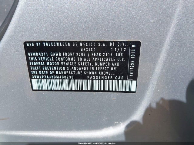 Aukcja sprzedaży 2013 Volkswagen Jetta 2.5l Sel, vin: 3VWLP7AJ3DM400238, numer aukcji: 44849492