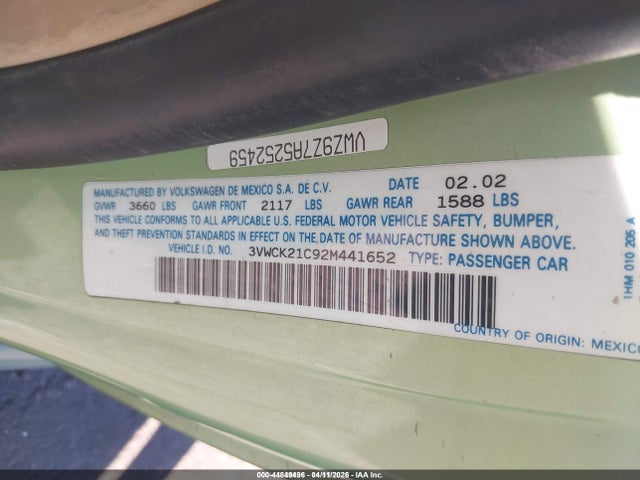 44849496 :رقم المزاد ، 3VWCK21C92M441652 vin ، 2002 Volkswagen New Beetle Gls مزاد بيع