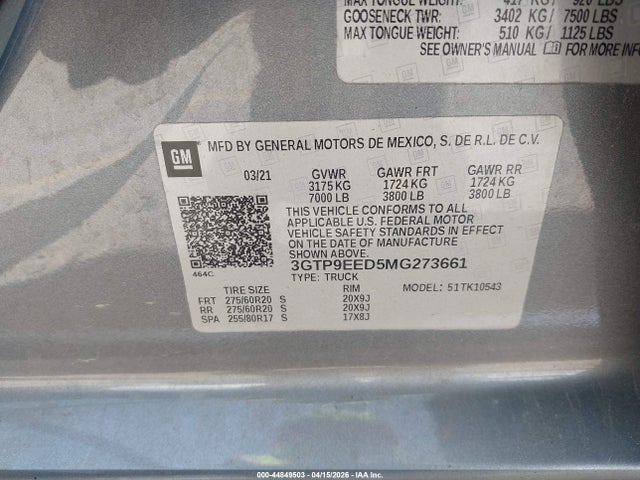 Aukcja sprzedaży 2021 Gmc Sierra 1500 4wd  Short Box At4, vin: 3GTP9EED5MG273661, numer aukcji: 44849503
