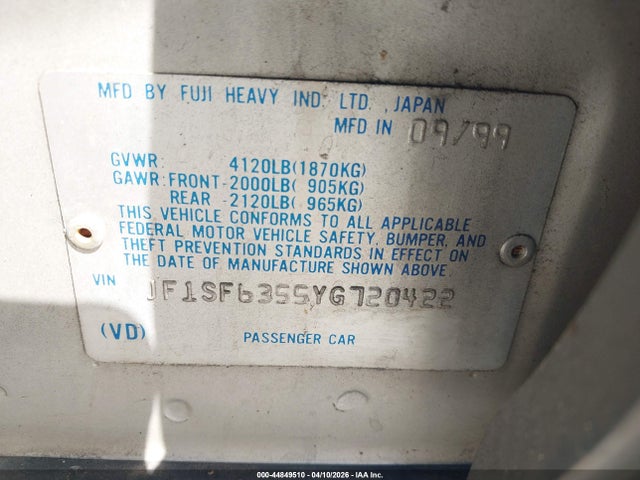 2000 Subaru Forester L მანქანა იყიდება აუქციონზე, vin: JF1SF6355YG720422, აუქციონის ნომერი: 44849510