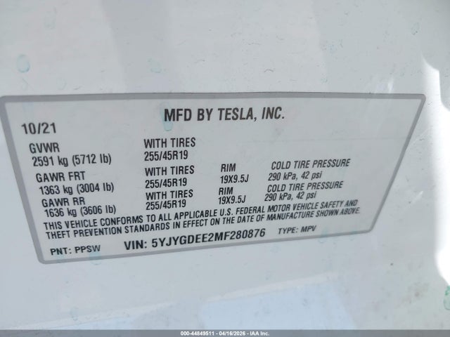 Продаж на аукціоні авто 2021 Tesla Model Y Long Range Dual Motor All-wheel Drive, vin: 5YJYGDEE2MF280876, номер лоту: 44849511