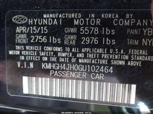 Продаж на аукціоні авто 2016 Hyundai Equus Signature, vin: KMHGH4JH0GU102464, номер лоту: 44849515