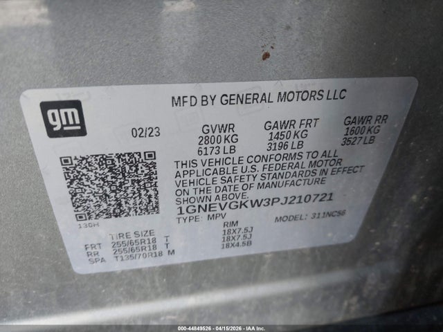 Aukcja sprzedaży 2023 Chevrolet Traverse Awd Lt Cloth, vin: 1GNEVGKW3PJ210721, numer aukcji: 44849526