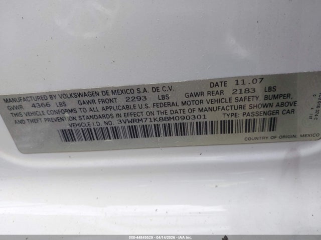 Продажа на аукционе авто 2008 Volkswagen Jetta Se/sel, vin: 3VWRM71K88M090301, номер лота: 44849529